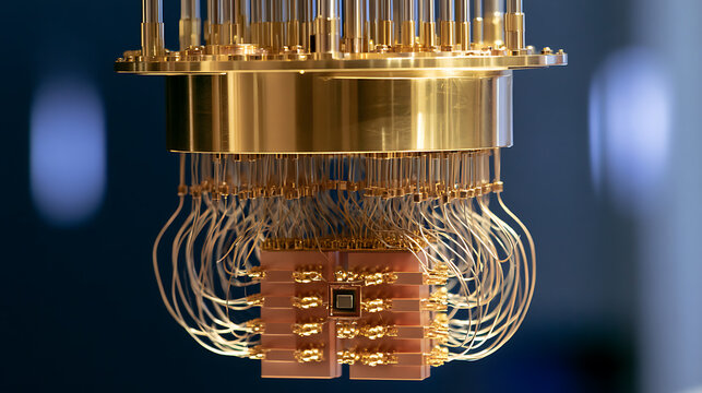 Intricate Quantum Computing System Hardware Close-Up with Golden Components and Delicate Wiring Against a Modern Dark Background