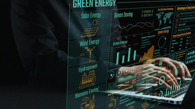 A sleek digital interface presenting various green energy solutions, showcasing trends and analytics across solar, wind, and biomass to promote sustainability and ecological awareness. Cipher