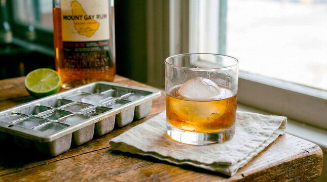 Glass of whiskey with a large ice ball on a rustic wooden table