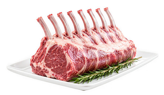 Raw rack of lamb with rosemary on a white plate isolated on transparent background