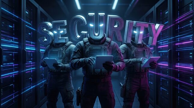 Cybersecurity Guardians: Three figures in tactical gear, their faces obscured by glowing robotic masks, stand amidst rows of server racks.