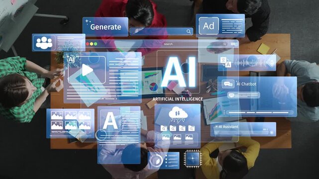A captivating overhead view of a diverse team discussing artificial intelligence tools at a modern office table, showcasing creativity and innovation in business. Raster