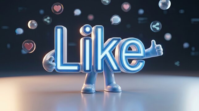 3D Like Icon with Thumbs Up: A vibrant 3D rendering of the word Like in neon blue, with a playful character animation giving a thumbs-up gesture, surrounded by social media icons like hearts.
