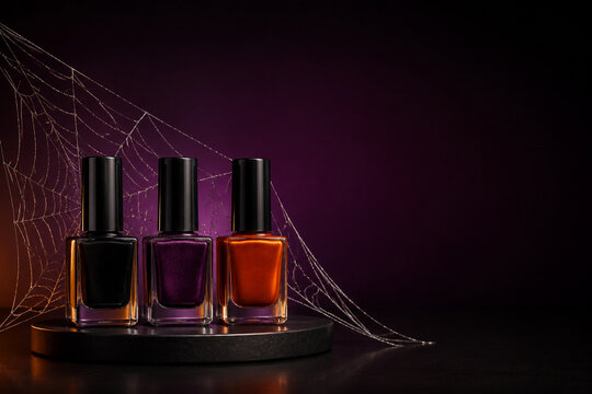 Halloween nail polish trio with spiderweb, dark beauty ad copy space