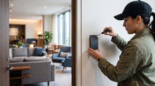 Facilities technician prepares office lounge access reader