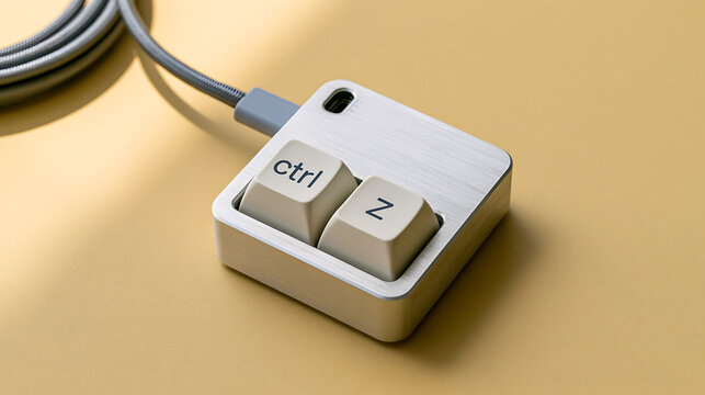 A small two-key keyboard with Ctrl and Z buttons, connected by a braided gray cable, resting on a warm, sunlit yellow surface with shadows