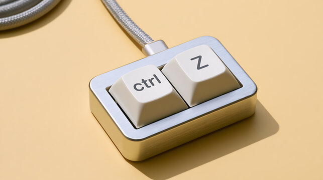 Minimalist Macro Shot of a Two-Key USB Device with 'Ctrl' and 'Z' Buttons on a Warm Ochre Background with Braided Cable Detail