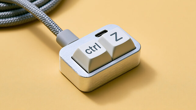 Close-up shot of a small external keyboard with 'ctrl' and 'Z' keys, connected by a braided cable on a warm background