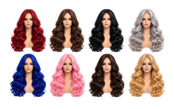 Set of mannequin heads with long wavy hair wigs in various colors isolated on transparent background