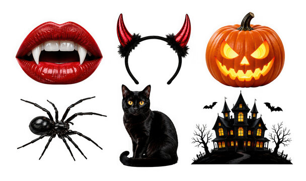 Set of halloween elements including vampire lips, devil horns, jackolantern, spider, cat and house isolated on transparent background