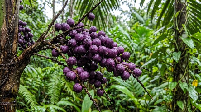 Close up of ripe purple a&ccedil;a&iacute; berries with water droplets on a branch in a lush Brazilian rainforest