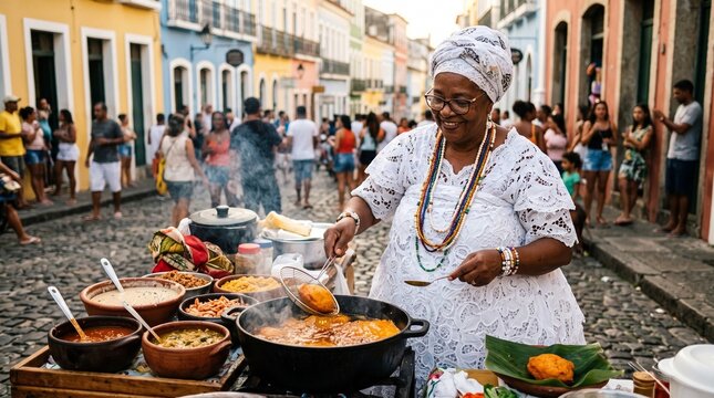 Joyful Brazilian woman in traditional attire cooks street food in a vibrant historic town square