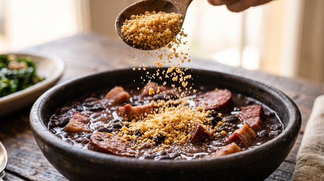 Feijoada being sprinkled with farofa a traditional Brazilian bean stew with pork and sausage served in a rustic bowl