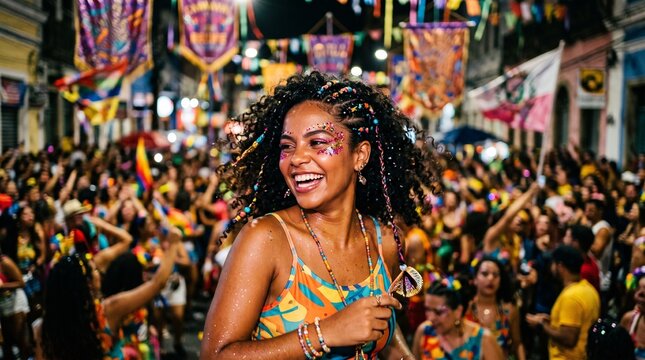 Joyful Brazilian woman celebrating carnival with glitter and colorful decorations in a vibrant street party
