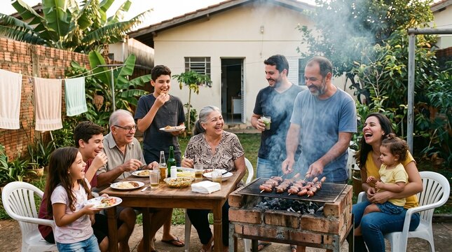 Joyful Brazilian family gathering for a sunny backyard barbecue with diverse generations sharing food and laughter