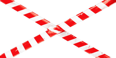 Obraz premium Red and white striped caution warning tape crossing pattern isolated on a dark black background, for safety signage isolated on a transparent background