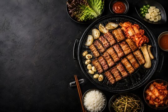 Korean Samgyeopsal BBQ with Grilled Pork Belly, Kimchi and Traditional Side Dishes