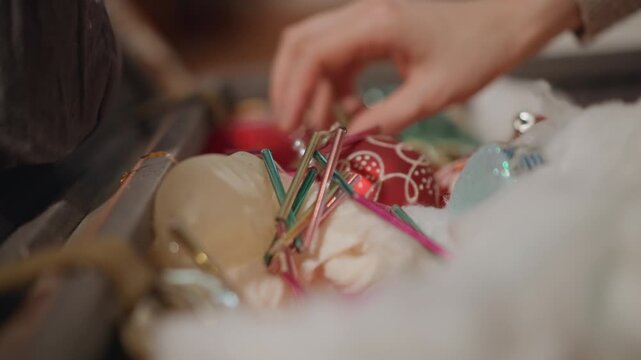 Hand rifling through ornament storage box sparkling baubles, tinsel and tissue paper, careful selection for tree trimming, trunk full of childhood keepsakes, playful anticipatory mood, warm indoor