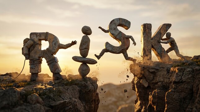 Risk and Reward: Stone figures personifying the letters of RISK navigate a precarious chasm, symbolizing the challenges and potential rewards of taking a leap of faith and embracing uncertainty.