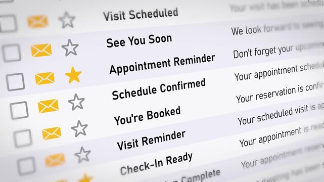 Scrolling email inbox list showing appointment confirmed and booking reminders