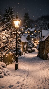 Snow Falling Around Glowing Street Lamp Night