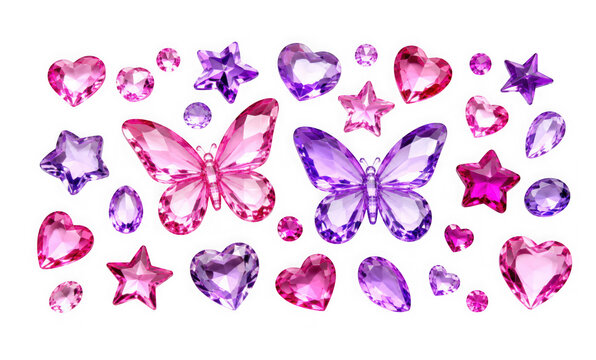 Set of pink and purple crystal stickers in the shape of butterflies, hearts, stars and gems isolated on transparent background