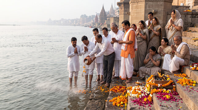 A traditional Hindu ritual taking place on the stone steps of a riverbank, where a man pours ashes and contents from a clay pot into the river water, while family members stand and sit nearby with han