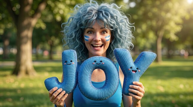 Expressing Pure Joy: A vibrant woman with striking blue, curly hair and playful face paint smiles ecstatically as she holds up plush.