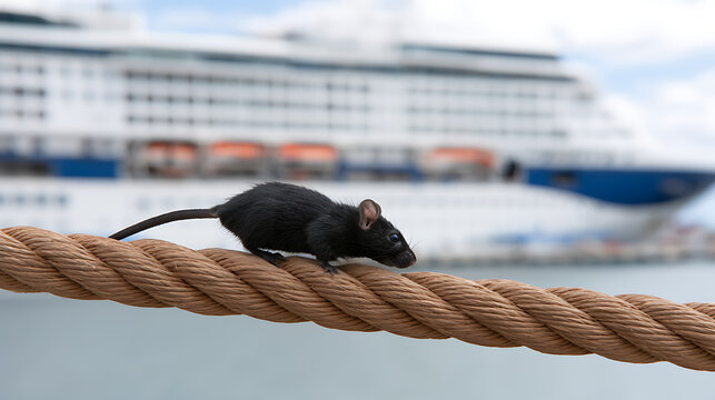 Small black rodent, a rat or mouse, explore a thick brown rope in a harbor with a large passenger ship in the blurry background on a cloudy day