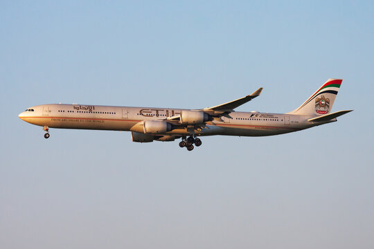 Etihad Airways Airbus A340-600 (A6-EHE) on landing approach at Munich Franz Josef Strauss Airport on July 16, 2015 in Munich, Germany