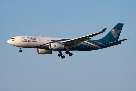 Oman Air Airbus A330-200 (A4O-DC) on landing approach at Munich Franz Josef Strauss Airport on July 16, 2015 in Munich, Germany