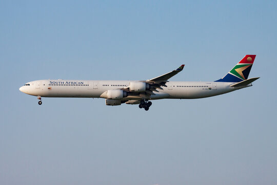 South African Airways Airbus A340-600 (ZS-SNG) on landing approach at Munich Franz Josef Strauss Airport on July 16, 2015 in Munich, Germany