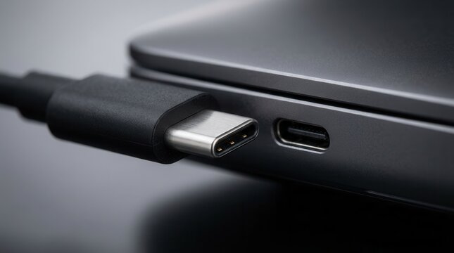 A black USB-C cable connector approaching a silver device input slot.