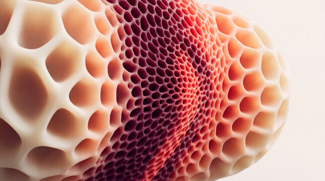 Curved 3D porous wall transitioning to deep burgundy