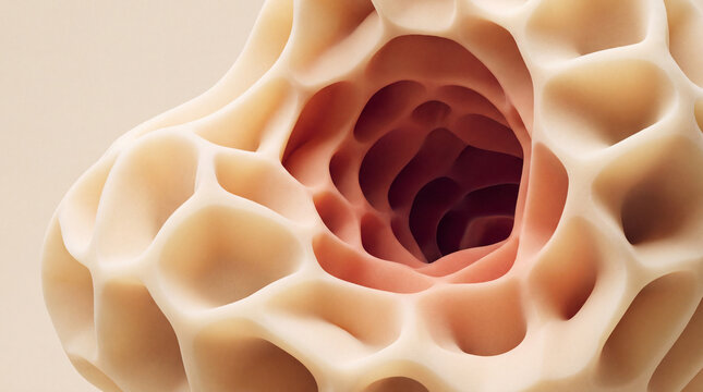 Tunnel-shaped 3D porous sculpture fading into dark red