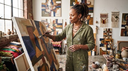 Naklejka premium An artist with braided hair and dressed in a jumpsuit meticulously paints a large abstract canvas in her light-filled studio, surrounded by her creative works.