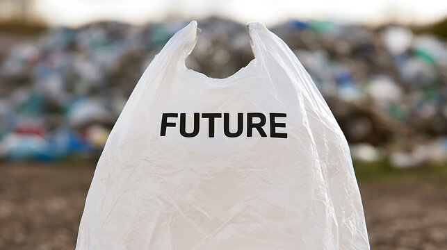 Plastic Bag with 'FUTURE' Text Against Blurry Background of Discarded Waste, Symbolizing Environmental Concerns and Pollution Crisis