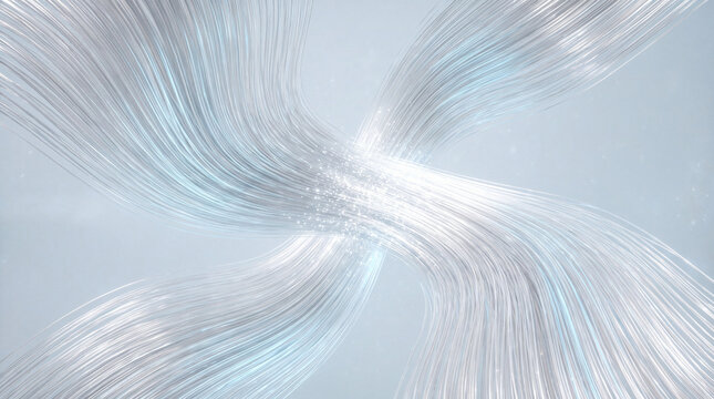 Luminous 3D fiber strands converging in a burst of light