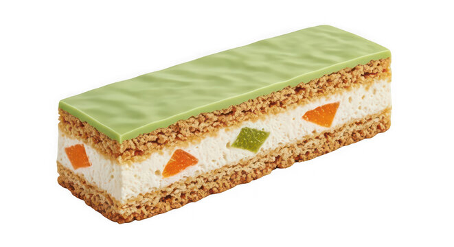 Layered sponge cake slice with green glaze and fruit as transparent object