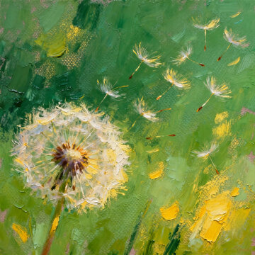 Impasto Oil Painting Floating Dandelion Seeds On Green Meadow