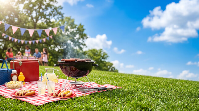 Outdoor Labor Day barbecue picnic on green grass with grilling hot dogs cold lemonade red white and blue party decorations and family celebration background
