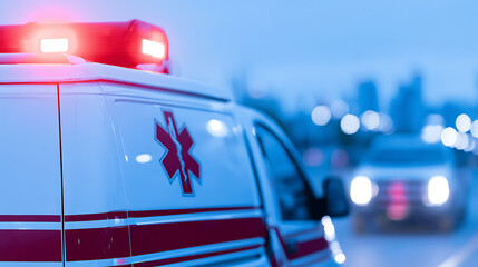 Naklejka premium Emergency Vehicle with Flashing Lights on Urban Street at Dusk, Medical Service Response, Urgency and Help Concept in a City