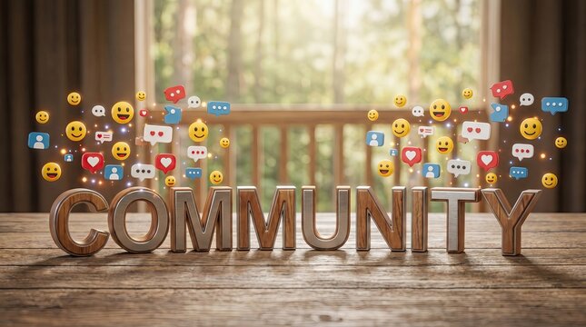 Community in the Digital Age: The word COMMUNITY rendered in wooden letters sits on a rustic table, surrounded by a vibrant cloud of social media icons and emojis.