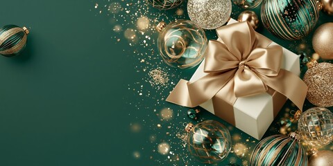 Obraz premium Festive flat lay of a white gift box with a gold bow surrounded by teal and gold Christmas ornaments.