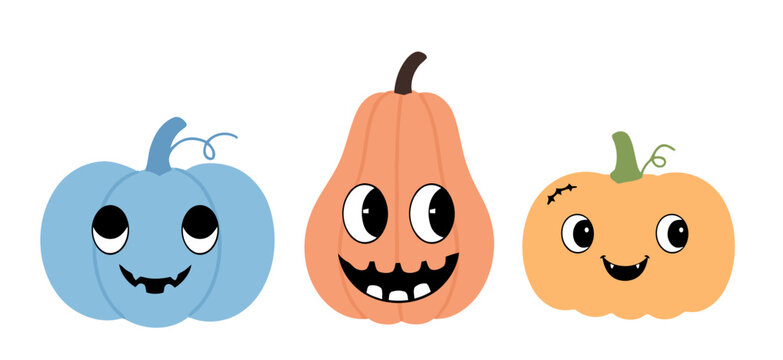 Cute Halloween pumpkin character collection featuring funny smiling faces, playful expressions, and colorful gourds in hand drawn flat vector style for stickers, kids apparel and party decorations.