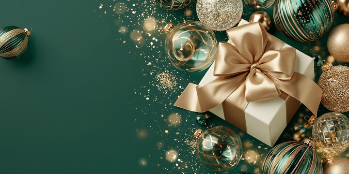 Festive flat lay of a white gift box with a gold bow surrounded by teal and gold Christmas ornaments.