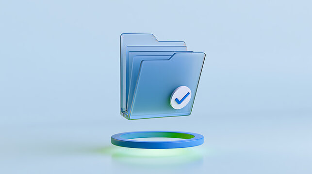 Abstract illustration of a clear blue folder with a checkmark, symbolizing data organization, completion, and successful file management