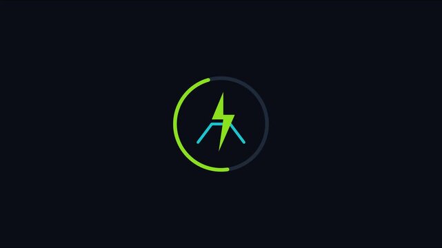 Minimalist lightning bolt animation with circular loading progress bar on dark 4k background, motion