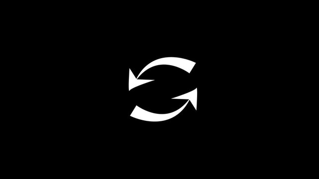 Minimalist white refresh and sync arrows animation on black background, reload update