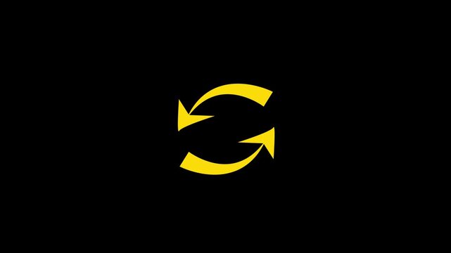 Yellow circular refresh or sync arrows animation on black background, reload update